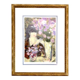 Impressionist Woman With Amethyst Flowers Potrait Original and Signed Print For Sale