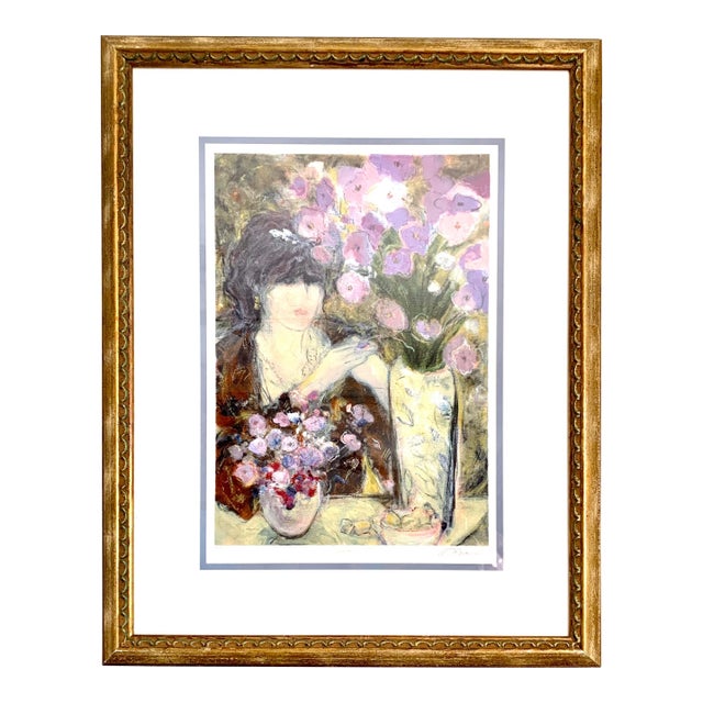 Impressionist Woman With Amethyst Flowers Potrait Original and Signed Print For Sale