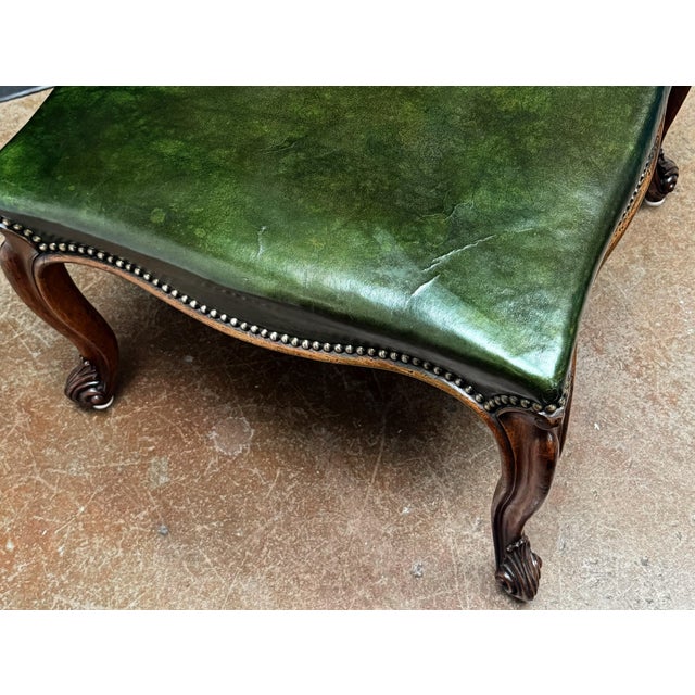 French Ottoman or Stool of Emerald Green Leather on Cabriole Legs For Sale - Image 11 of 15
