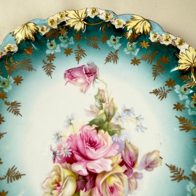 Bohemia 1900s Bohemia Porcelain Teal Blue Gilded Rose Plate For Sale - Image 4 of 8