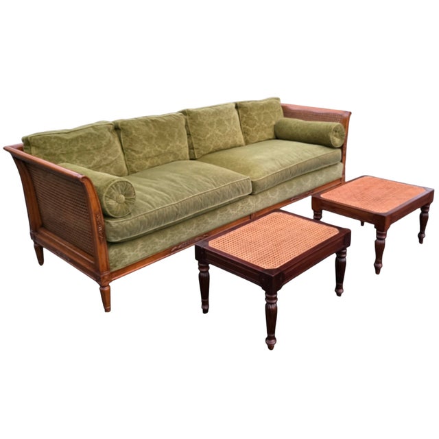 English Pair of Vintage British Colonial-Style Hand-Caned Benches / Low Tables For Sale - Image 3 of 12