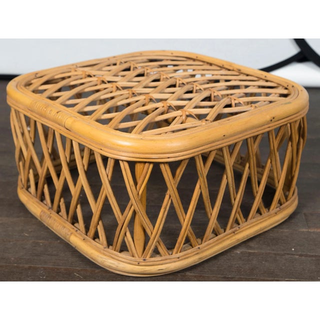 Rattan Pieces Small Cylindrical Table, Small Square Ottoman - A Pair For Sale - Image 10 of 11