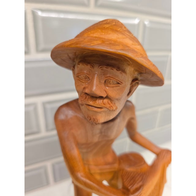 Mid-Century Balinese Art Deco Seated Fisherman With Cast Net Sculpture For Sale - Image 9 of 12
