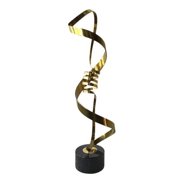 1980s Brass Ribbon Abstract Sculpture on Marble Base For Sale