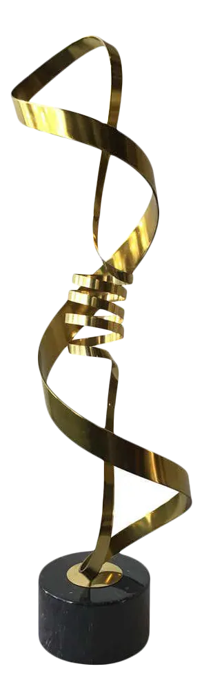 1980s Brass Ribbon Abstract Sculpture on Marble Base