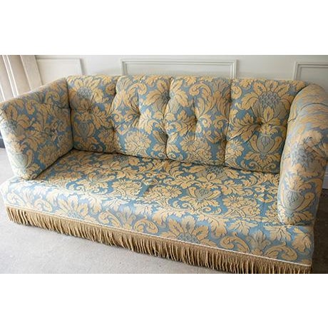 Vintage Damask Traditional Tufted Rolled-Arm Sofa With Fringe Skirt For Sale - Image 15 of 18
