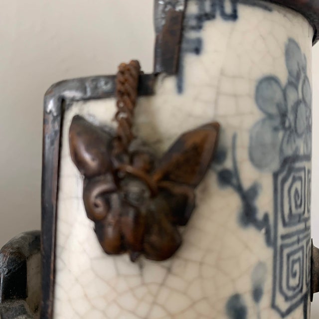 Antique Asian Blue and White Ceramic Water Vase Pipe For Sale - Image 10 of 12