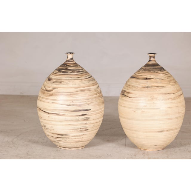 Late 20th Century Large Artisan Ceramic Floor Vases with Cream and Brown Swirled Glaze (Sold Each) For Sale - Image 11 of 18