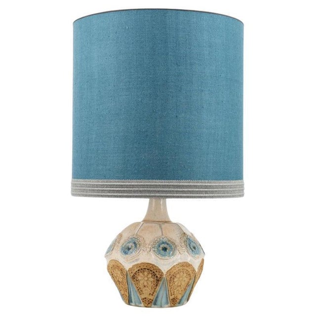 Round Ceramic Table Lamp with Custom Blue Silk Lampshade by René Houben, 1970 For Sale - Image 12 of 12