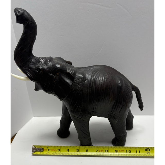 Vintage Leather Elephant Figurine Large Black Trunk Up Good Luck Decor Boho Safari Mid Century For Sale In Indianapolis - Image 6 of 10