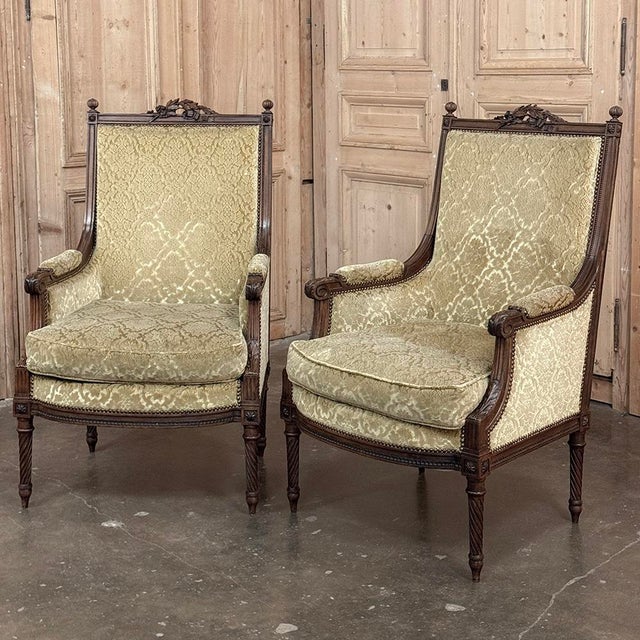 French Pair of 19th Century French Louis XVI Walnut Armchairs ~ Bergeres For Sale - Image 3 of 17