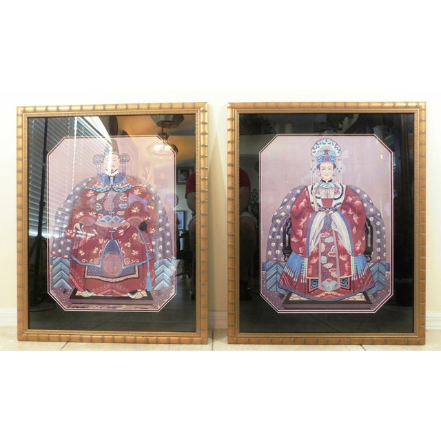 Gold Large Pair Vintage Oriental Asian Chinese Figural Gold Faux Bamboo Framed Wall Art Pictures For Sale - Image 8 of 8