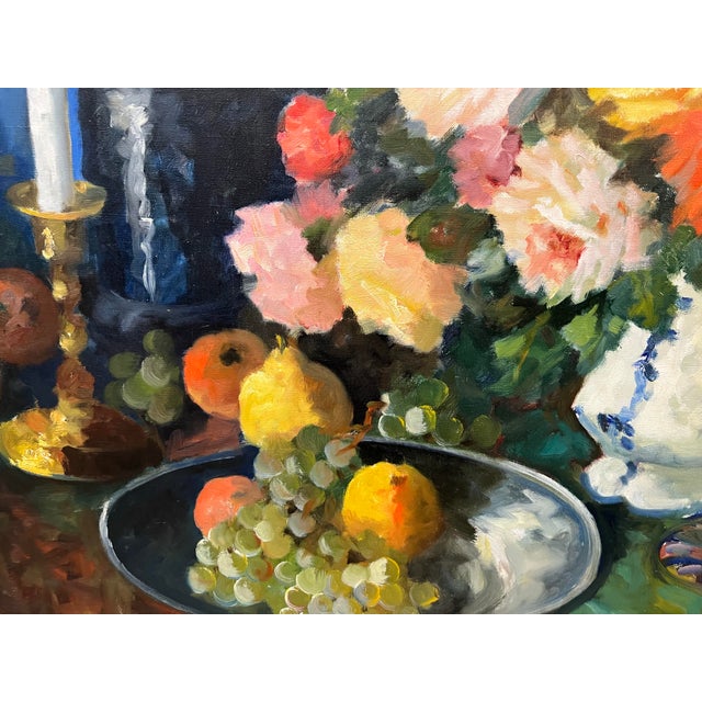 Post Impressionist Floral and Fruit Still Life Painting Edith Gert (Denmark,1906-1970) Original Oil on Canvas For Sale - Image 3 of 6