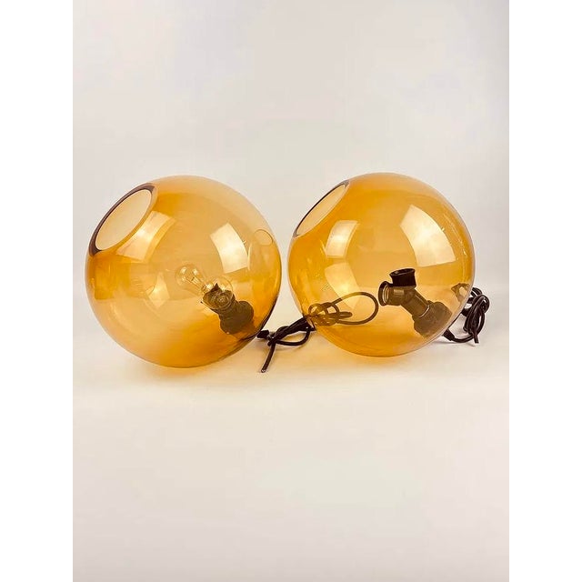 Amber Smoked Glass Globe Pendant Lights - a Pair For Sale - Image 4 of 8