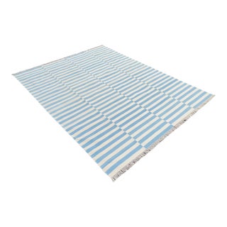 Handmade Reversible Cotton Vegetable Dyed Blue and White Striped Rug-8'x10' For Sale