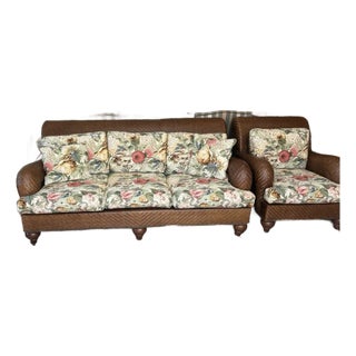 Lexington Woven Sofa With Floral Cushions With Matching Chair and Ottoman For Sale