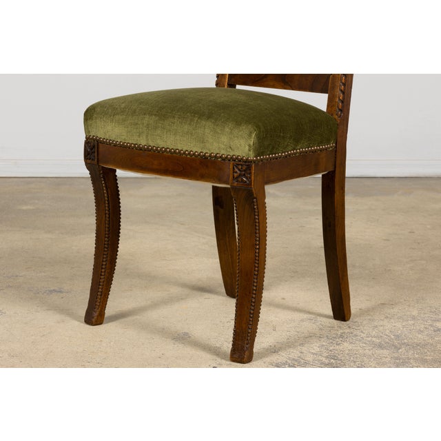 Set of 10 Mid-19th Century French Directoire Walnut Dining Chairs in Olive Green For Sale - Image 12 of 18