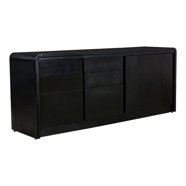 Late 20th Century Modern to Scandinavian Modern Black Painted Oak Waterfall Style Buffet Credenza or Cabinet For Sale