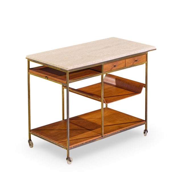 Paul McCobb for Calvin Irwin Collection Model C9203 Mid Century Travertine, Brass and Mahogany Bar Cart For Sale In Chicago - Image 6 of 11