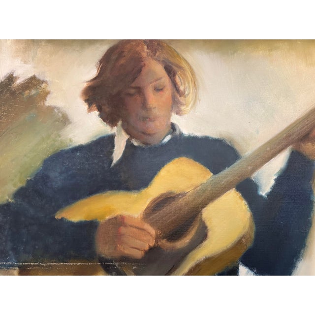 This is an oil on canvas painting. It is a depiction of a boy playing the guitar. It is an original piece by Samuel Edmund...