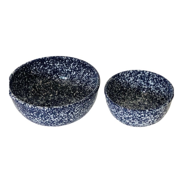 1970s Two Spattered Cobalt Blue Ceramic Bowls For Sale