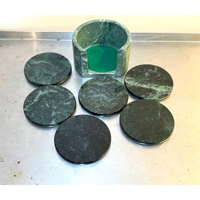 1970s Green Marble Postmodern Coasters in stand - Set of 6 For Sale - Image 4 of 4
