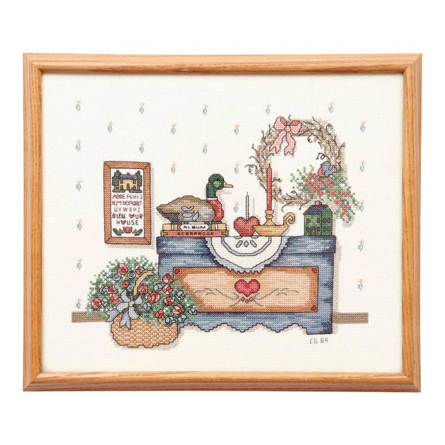 Framed Cross Stitch Room Scene For Sale