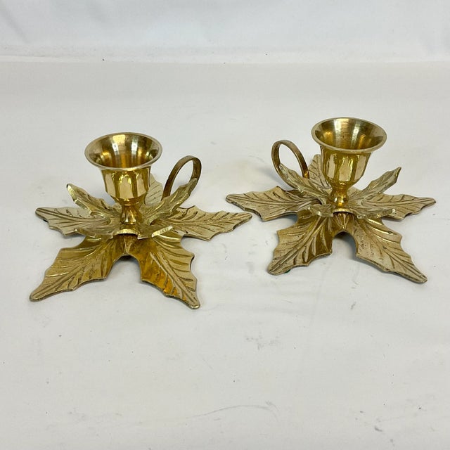Brass 1970s Vintage Traditional Americana Brass Poinsettia Candle Holders - A Pair. For Sale - Image 8 of 12