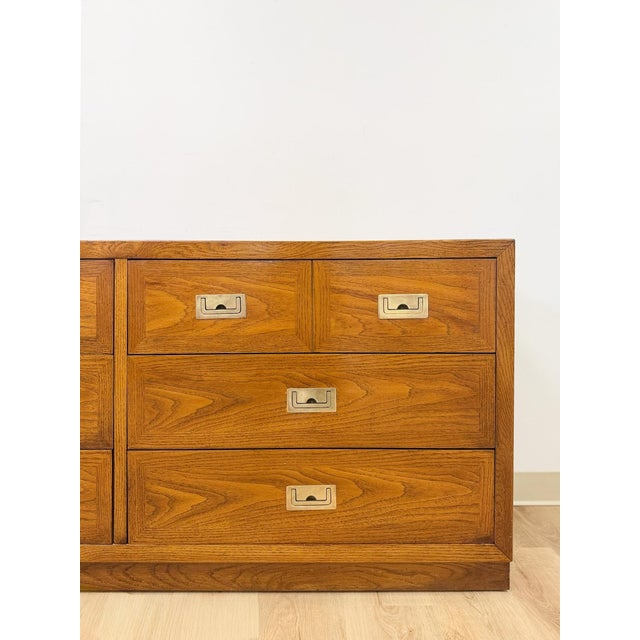 Mid-Century Modern Vintage MCM Dixie Act 2 Campaign Style Dresser Brass Pulls Warm Wood Tone Lowboy For Sale - Image 3 of 14