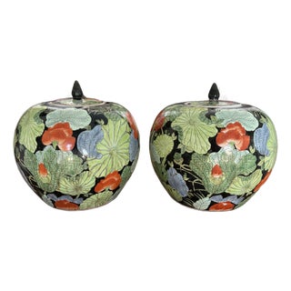 Vintage Heavily Enameled Painted Famille Noire Lotus Jars Blue Orange Green, a Pair For Sale