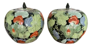 Vintage Heavily Enameled Painted Famille Noire Lotus Melon Jars Blue Orange Green, a Pair
