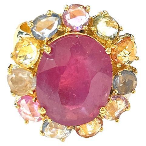 Bochic "Orient" Red Ruby & Multi Color Sapphire Cocktail Ring, 18K Gold & Silver For Sale - Image 15 of 18