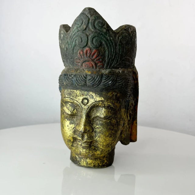Salvaged Stone Golden Buddha Head Sculpture Ornately Carved Crown For Sale - Image 13 of 13