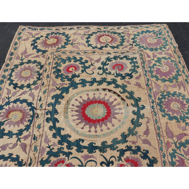 Textile Antique Uzbekistan Suzani Textile With Medallion and Floral Vine Embroidery For Sale - Image 7 of 17