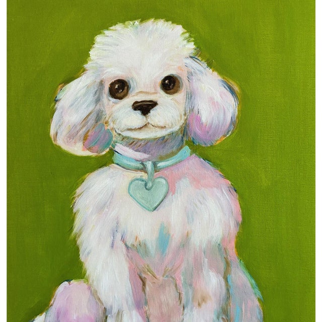 White Poodle Original Oil Painting, Signed, Chartreuse Green, Teak Wood Frame by Tatiana Duperault For Sale - Image 4 of 5