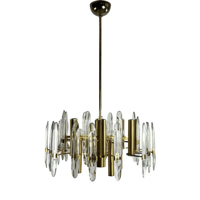 Mid-Century 12-Light Chandelier in Brass and Crystal attributed to Gaetano Sciolari, 1960s For Sale