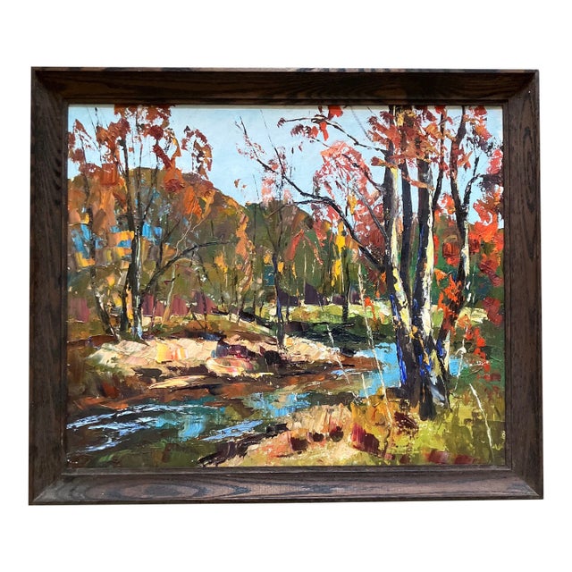 1960’s Vintage Impressionist Fall Landscape With Trees & Stream Painting Wood Frame For Sale