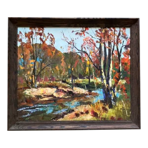 1960’s Vintage Impressionist Fall Landscape With Trees & Stream Painting Wood Frame