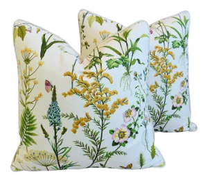 Wildflower Botanical Cotton & Linen Feather/Down Pillows- a Pair