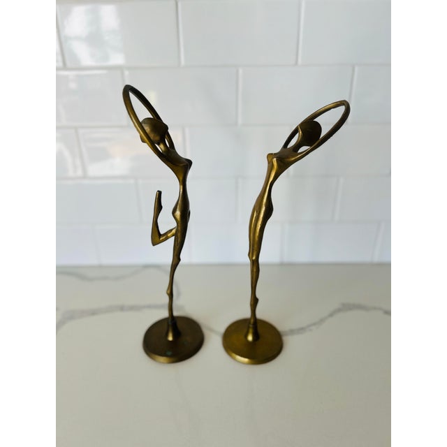 Metal Mid-Century Brass Dancing Figurines Statues- a Pair For Sale - Image 7 of 9