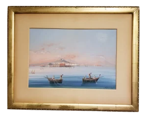 Antique Neapolitan School Gouache Painting of Napoli Da Mare