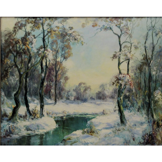 This artwork "Winter Landscape" is an oil painting on canvas by noted Norwegian/American artist Elmer S. Berge, 1892-1956....