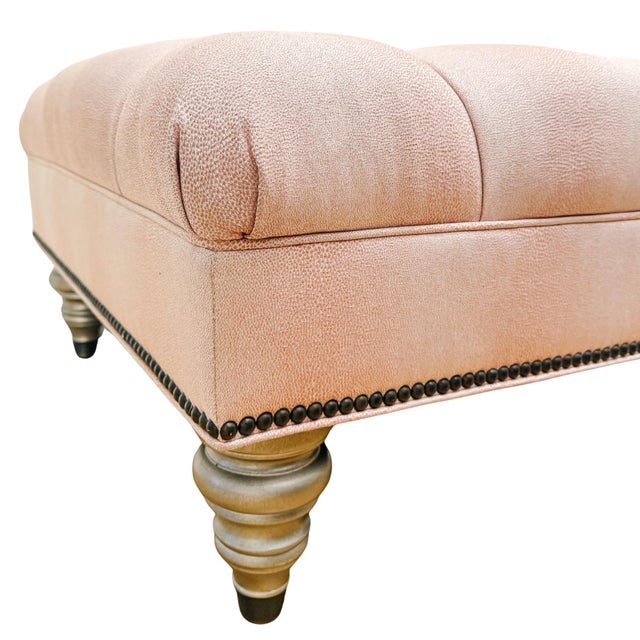 Textile Ethan Allen Custom Tufted Pink Textured Ottoman With Nailhead Trim For Sale - Image 7 of 11