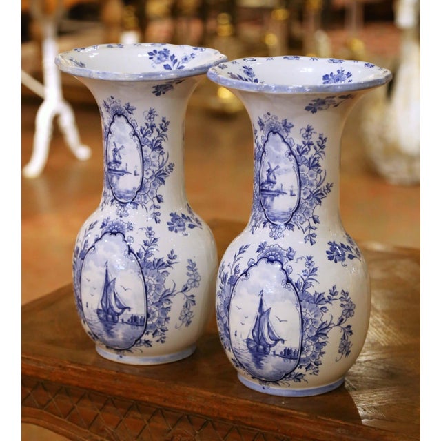Pair of Early 20th Century Dutch Delft Faience Vases With Sailboats & Windmills For Sale - Image 4 of 11