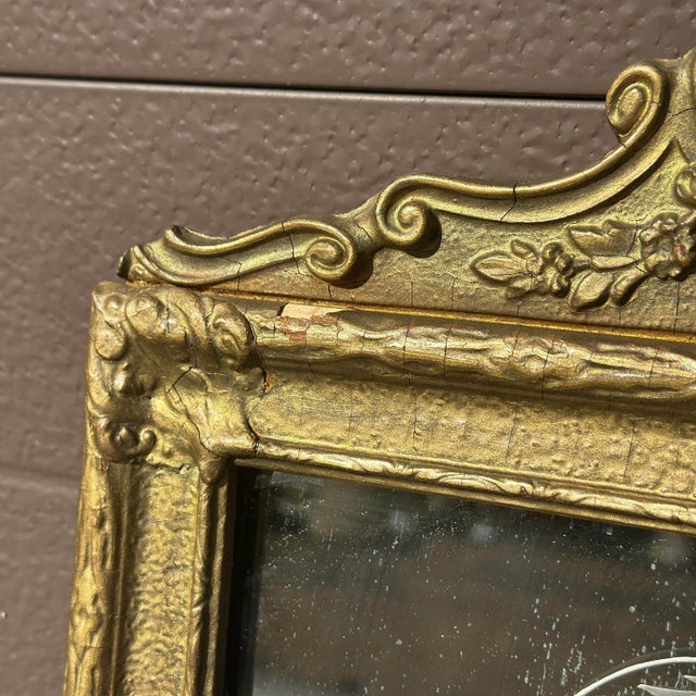 Mirror view 9.4” x 17.4 This is an antique etched wall mirror with an ornate, carved wood and gesso frame. The frame is in...