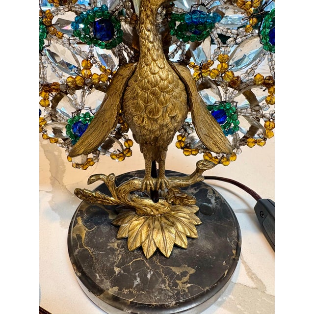 Metal VIntage Art Deco Crystal and Brass Czechoslovakian Beaded Peacock Lamp For Sale - Image 7 of 14