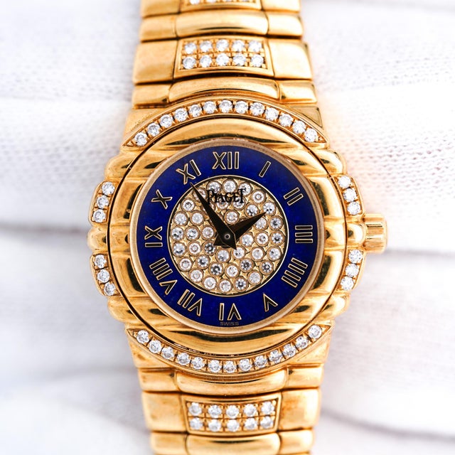 Piaget 1980s Piaget Tanagra Lapis Lazuli Diamond 18k Gold Bracelet Vintage Watch Full Set For Sale - Image 4 of 9