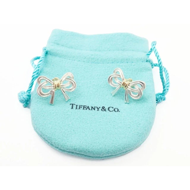 Contemporary Tiffany & Co. 18k Yellow Gold & Sterling Silver Ribbon Bow Earrings, Pair For Sale - Image 3 of 5