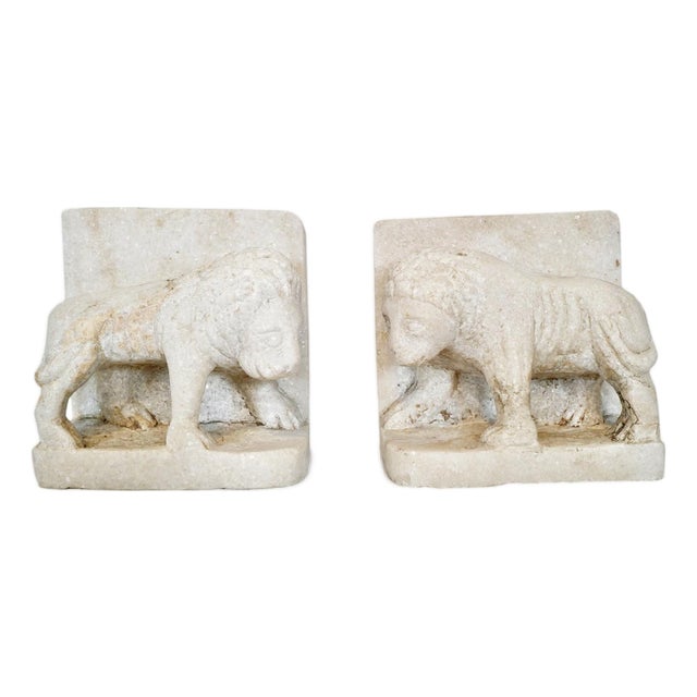 Pair of Vintage Indian White Marble Standing Lion Bookends For Sale