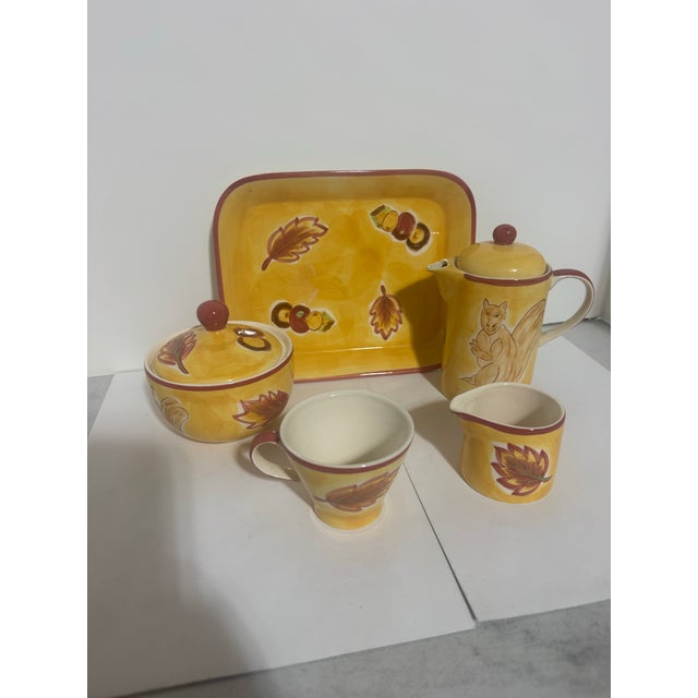 Folk Art April Cornell “Squirrel Fall Leaves” Ceramic Tea Set - Set of 5 For Sale - Image 3 of 4